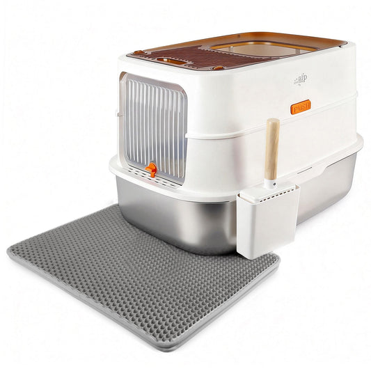 Go Fresh - Cat Litter Box - 2 Entries Hooded Cat Litter Box With Stainless Steel Base