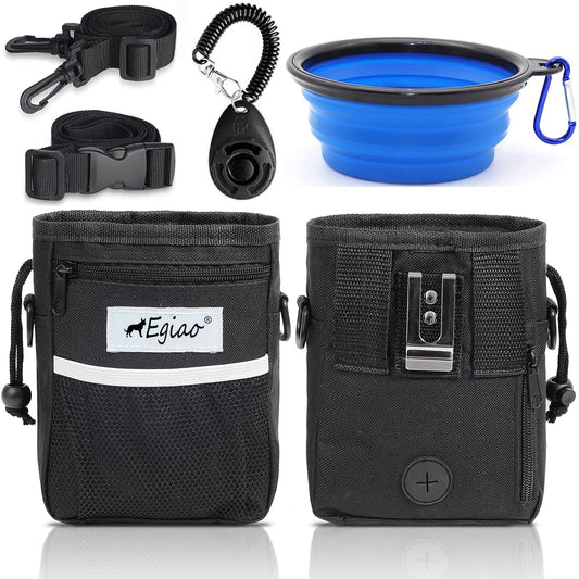 Egiao Dog Treat Pouch with Drawstring Closure Puppy Training Bag Built-in Pet Poop Bag Dispenser Waist Belt Clip 3 Ways to Wear