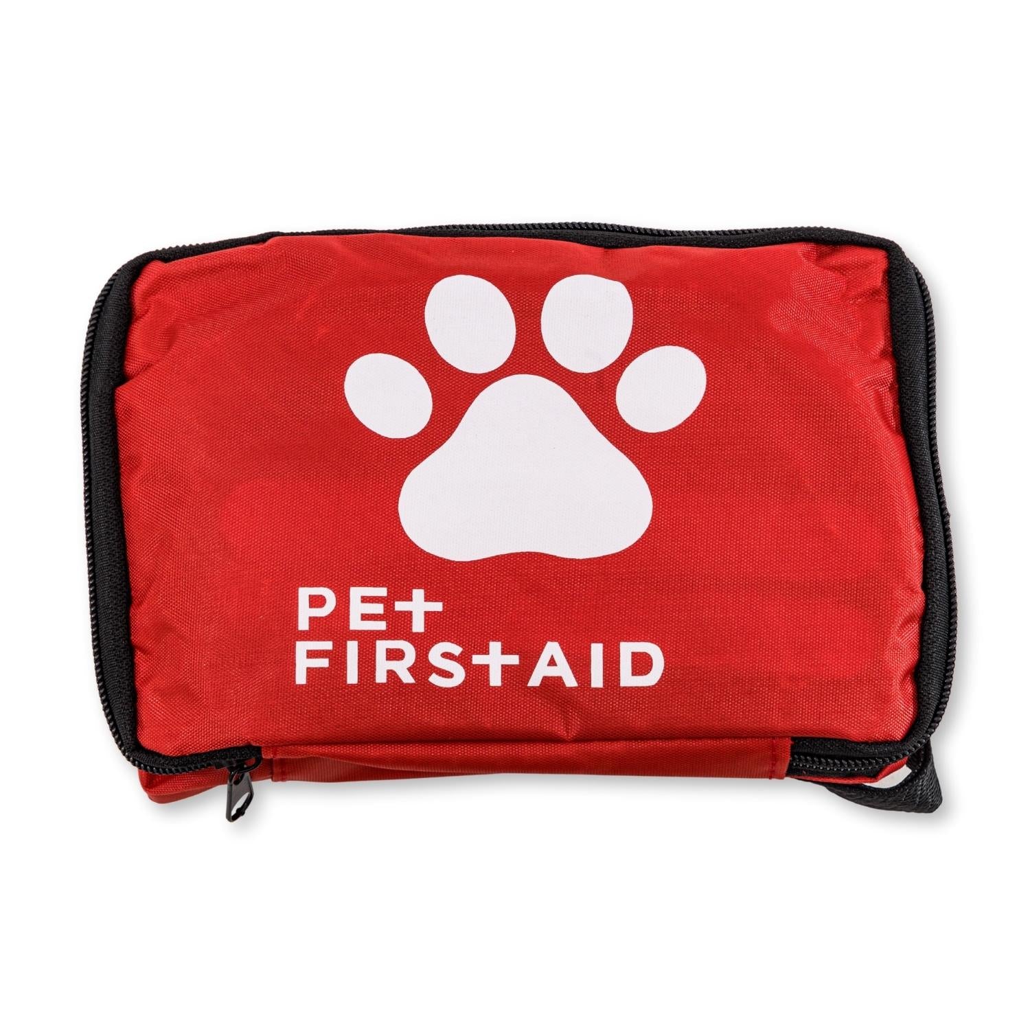 40-piece pet travel first aid kit in a red durable pouch