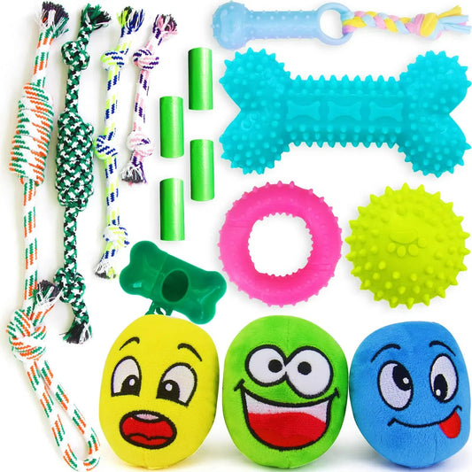 loncoldy 16-Piece Puppy Teething & Play Set | Ropes, Squeaky Plush, & Dental Rubber Toys